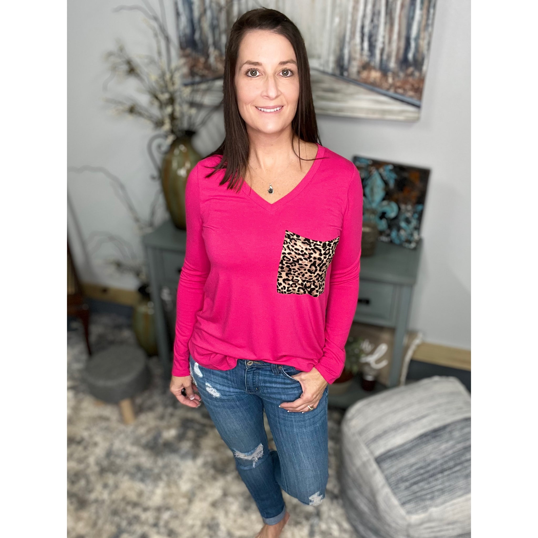“Blind Faith“ V Neck Soft Jersey Knit Floaty Animal Print Leopard Pocket Long Sleeve Hot Pink