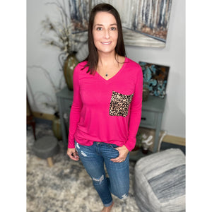 “Blind Faith“ V Neck Soft Jersey Knit Floaty Animal Print Leopard Pocket Long Sleeve Hot Pink