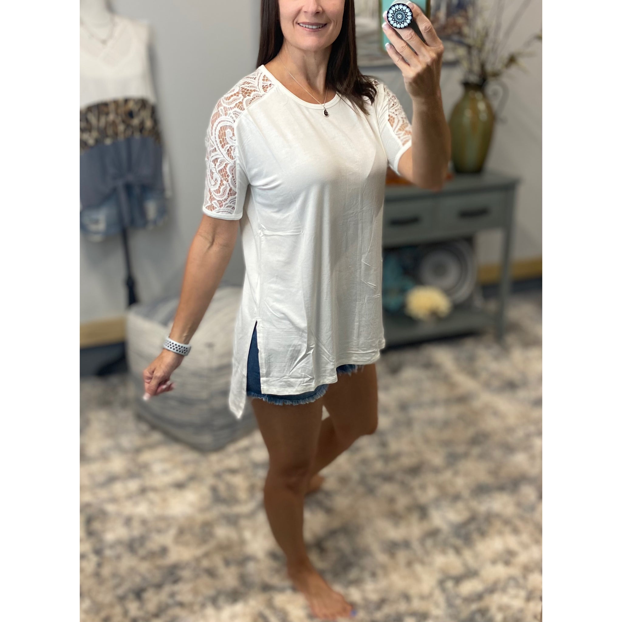 "All About The Lace" Lace Short Sleeve Scoop Neck Hi Lo Bottom Dressy Ivory