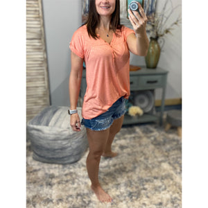 “Just Be You” Sheer Burnout Melange Tissue V-Neck Henley Tab Sleeve Shirt Floaty Tee Peach