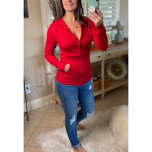 "Get Cozy" Zip Up Waffle Thermal Hoodie Light Jacket Long Sleeve Sweater Yoga Red Plus