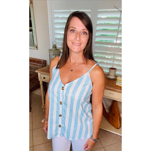 “Take Me To The Fair” Striped V Neck Button Up Floaty Spaghetti Strap Summer Tank Blue