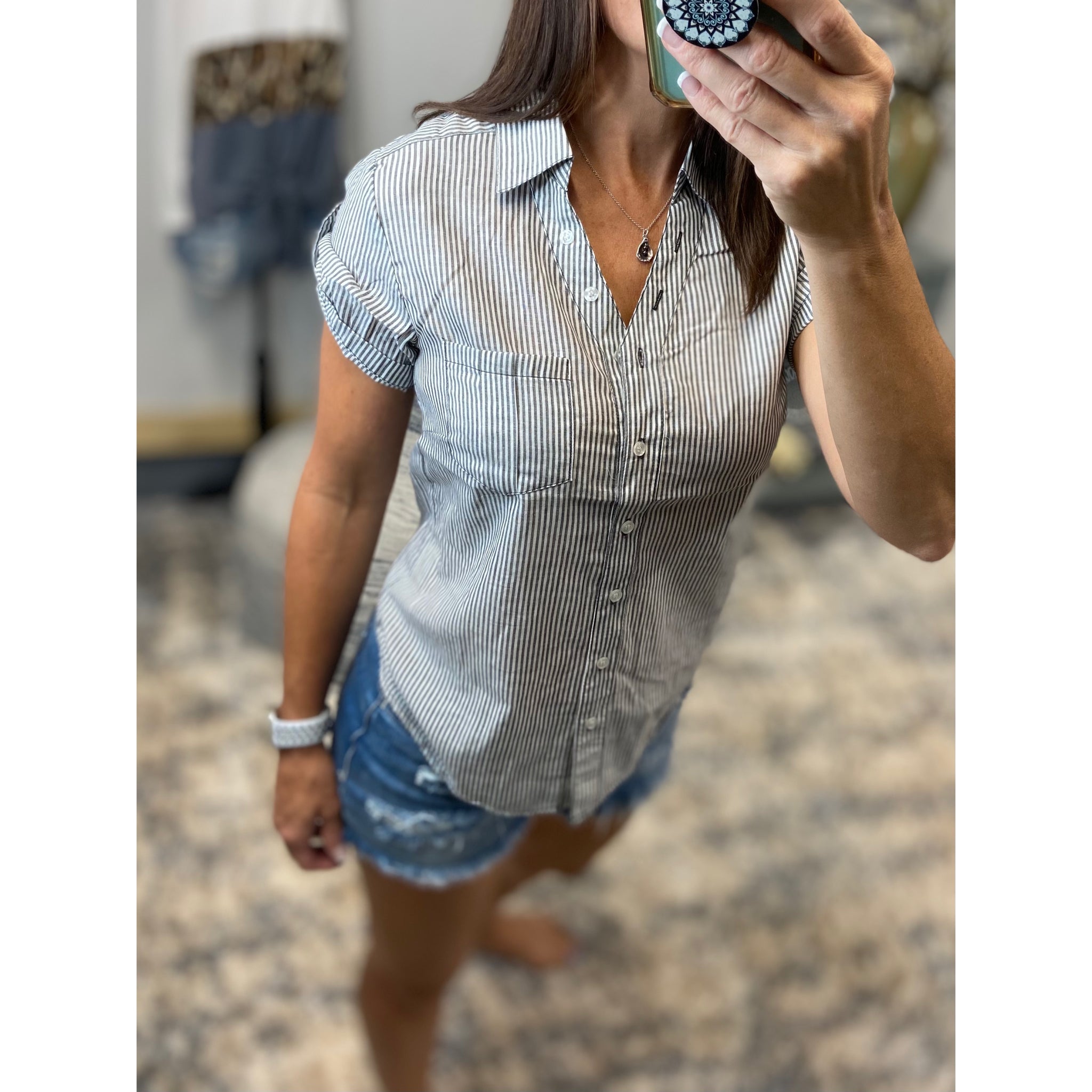 “Never Too Much” Striped V Neck Preppy Country Collar Pocket Button Up Short Tab Sleeve Navy