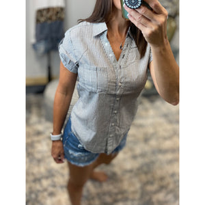 “Never Too Much” Striped V Neck Preppy Country Collar Pocket Button Up Short Tab Sleeve Navy