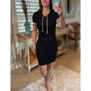 Sporty Athletic Hoodie Bodycon Contrast Stripe Sleeve Stretch Dress Black S/M/L