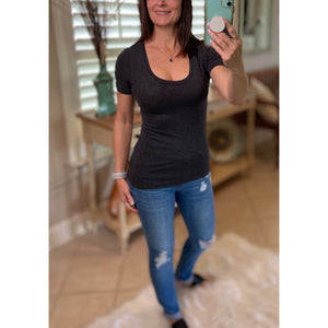 “Basic Babe” Low Cut Scoop Neck Short Sleeve Cleavage Baby Slimming Basic Tee Shirt Charcoal