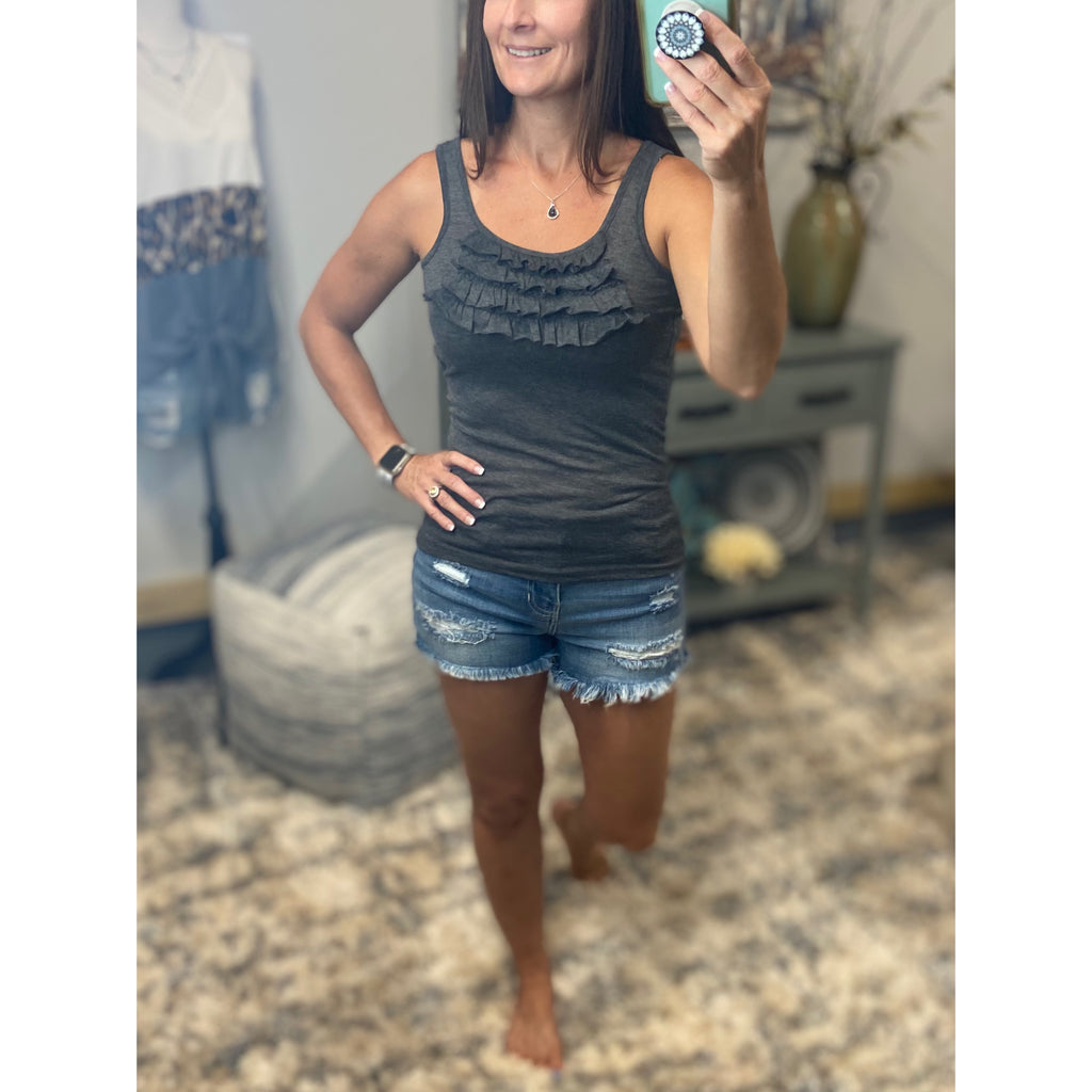 Tiered Ruffle Scoop Neck Bust Low Urban Boho Tank Top Melange Gray