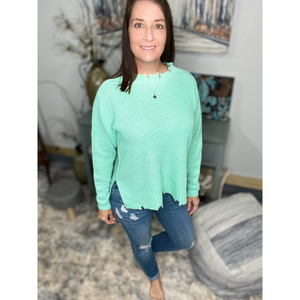 “Mint Julep” Chunky Waffle Knit Sweater Distressed Drop Shoulder Round Neck Split Side Long Sleeve Mint