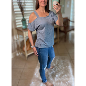 Very Sexy Distressed One Cold Shoulder Cutout Top Blue S/M/L
