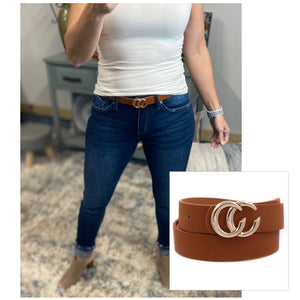 Double C Metal Buckle Faux Leather Belt Brown Gold