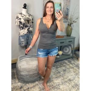“Let The Sun Shine” Ribbed Henley Low Cut Boy Beater Cleavage Fitted Tank Top Gray
