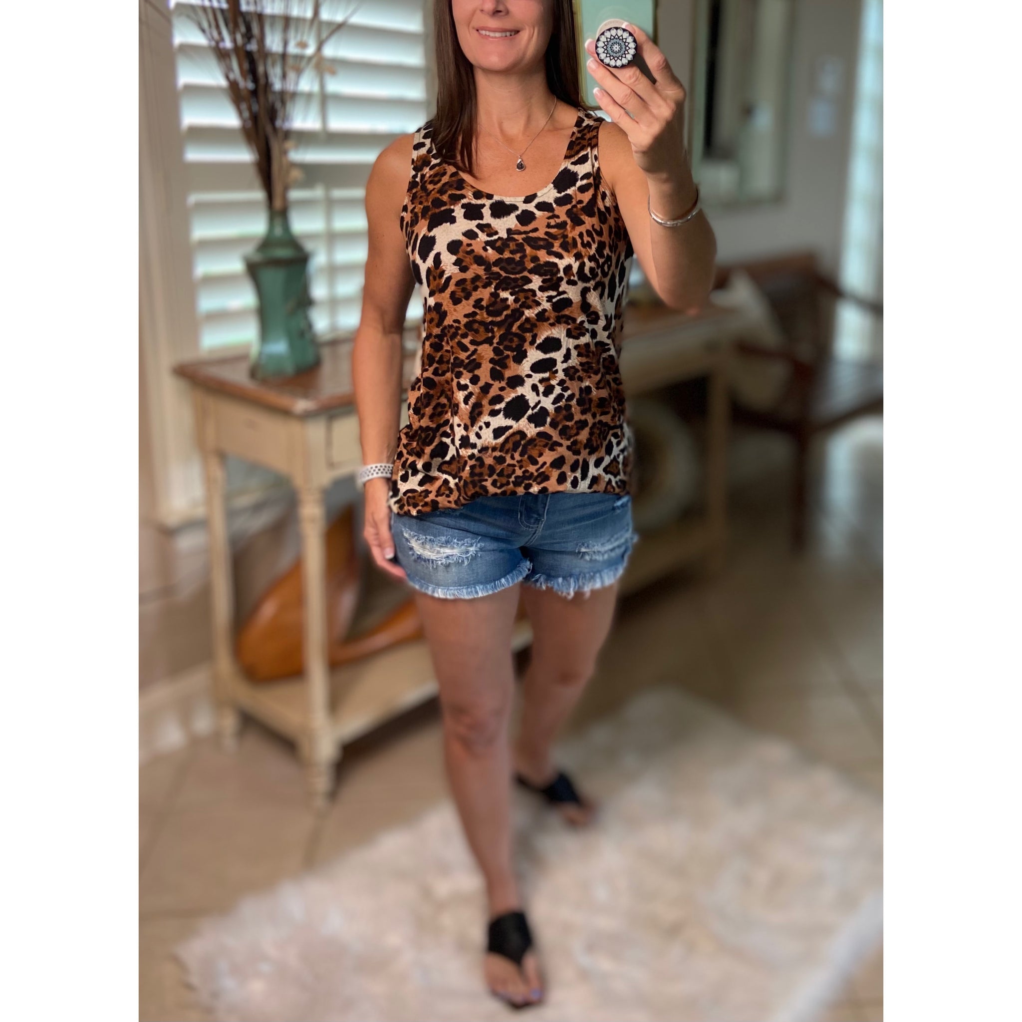 "Hot in Here" Very Sexy Leopard Scoop Neck Sleeveless Floaty Summer Tank Top Brown