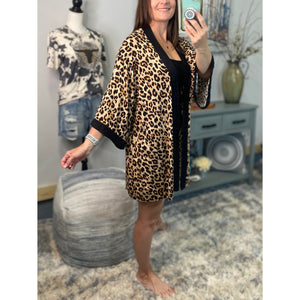 “Express Yourself” Leopard Contrast Trim Long Open Front Kimono Cardigan Pocket Light 3/4 Sleeve Brown S/M/L/XL