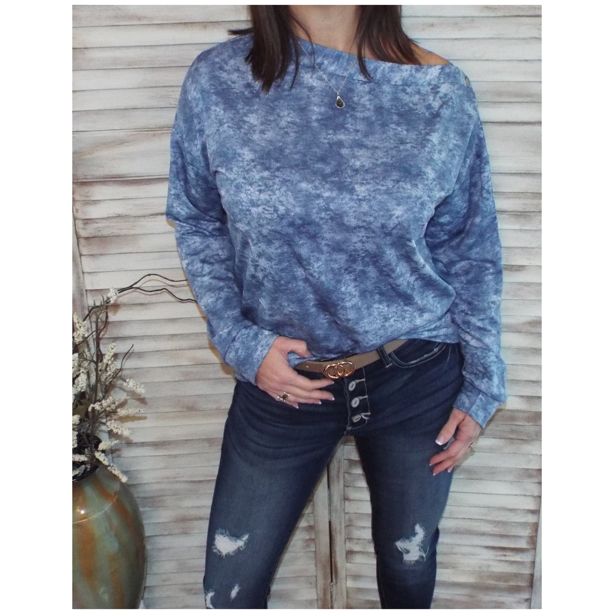 "That's a Wrap" Multi Tie Dye Snap Detail Thermal Wide Neck Off Shoulder Banded Blue Top S/M/L