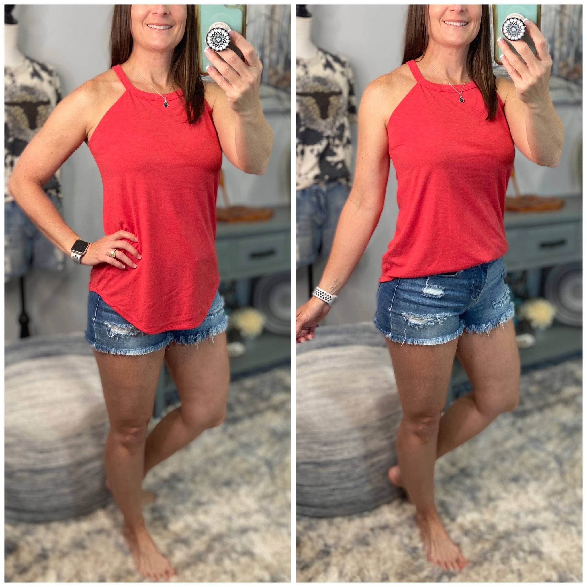 Tri Rocker Racerback Scoop Neck Floaty Trendy Summer Tank Top Red