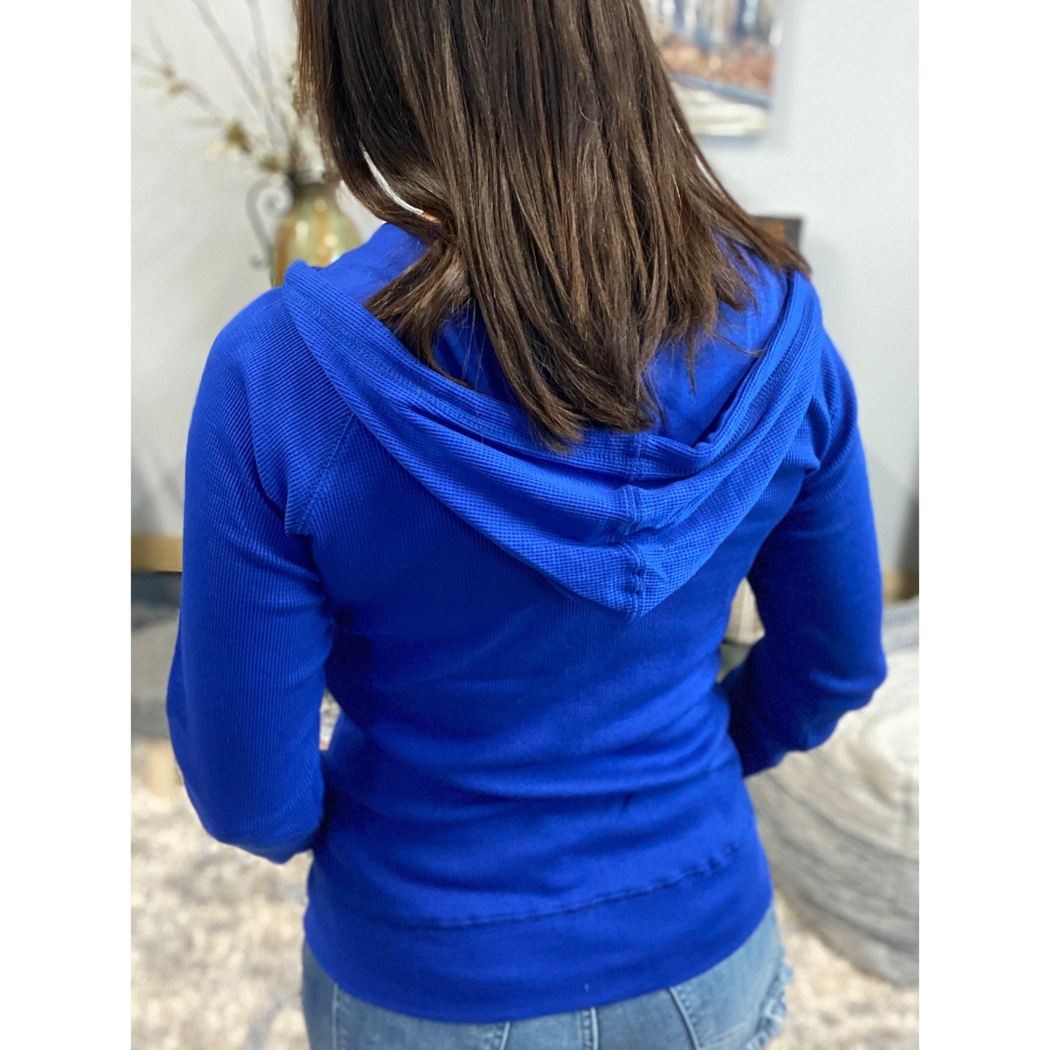 "Get Cozy" Zip Up Waffle Thermal Hoodie Light Jacket Long Sleeve Yoga Royal Blue
