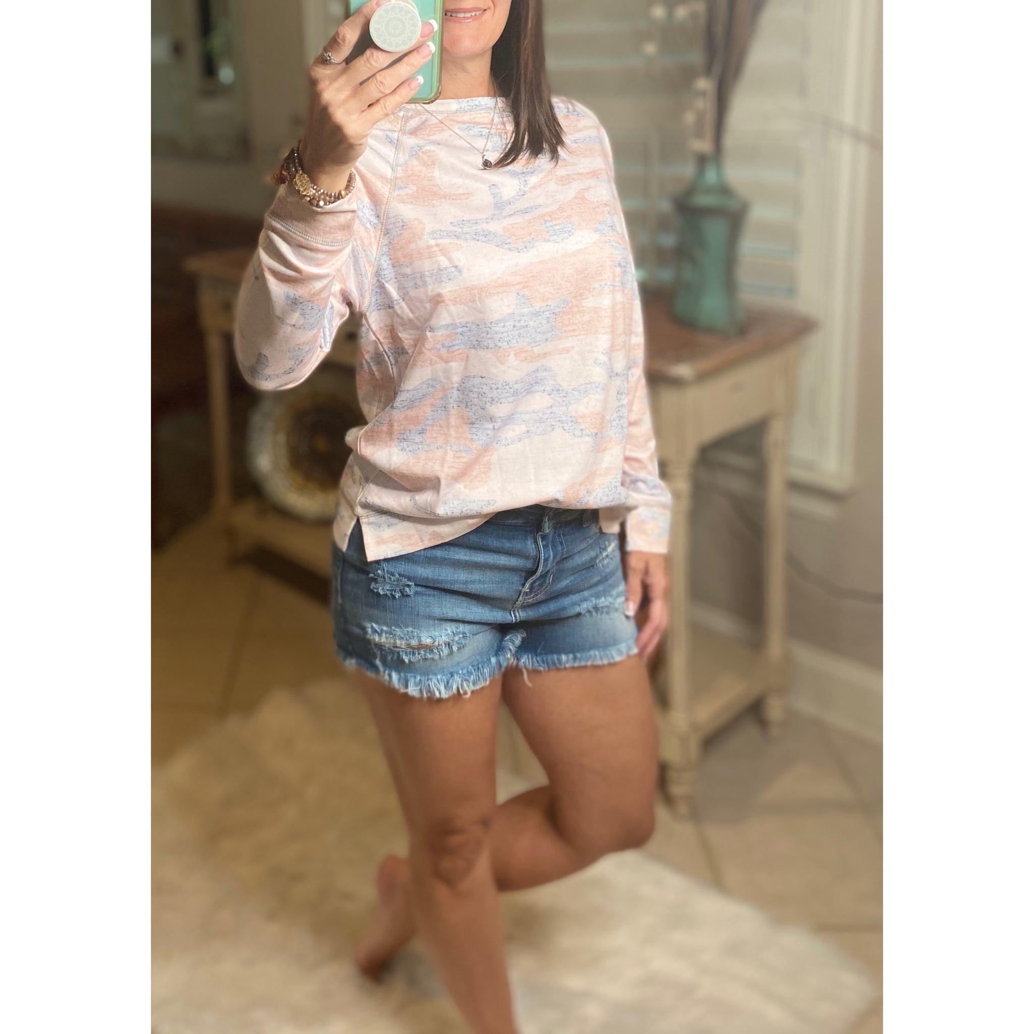 “I’m Lovin It” Camouflage Round Neck Banded Bottom Split Side Sweatshirt Pink