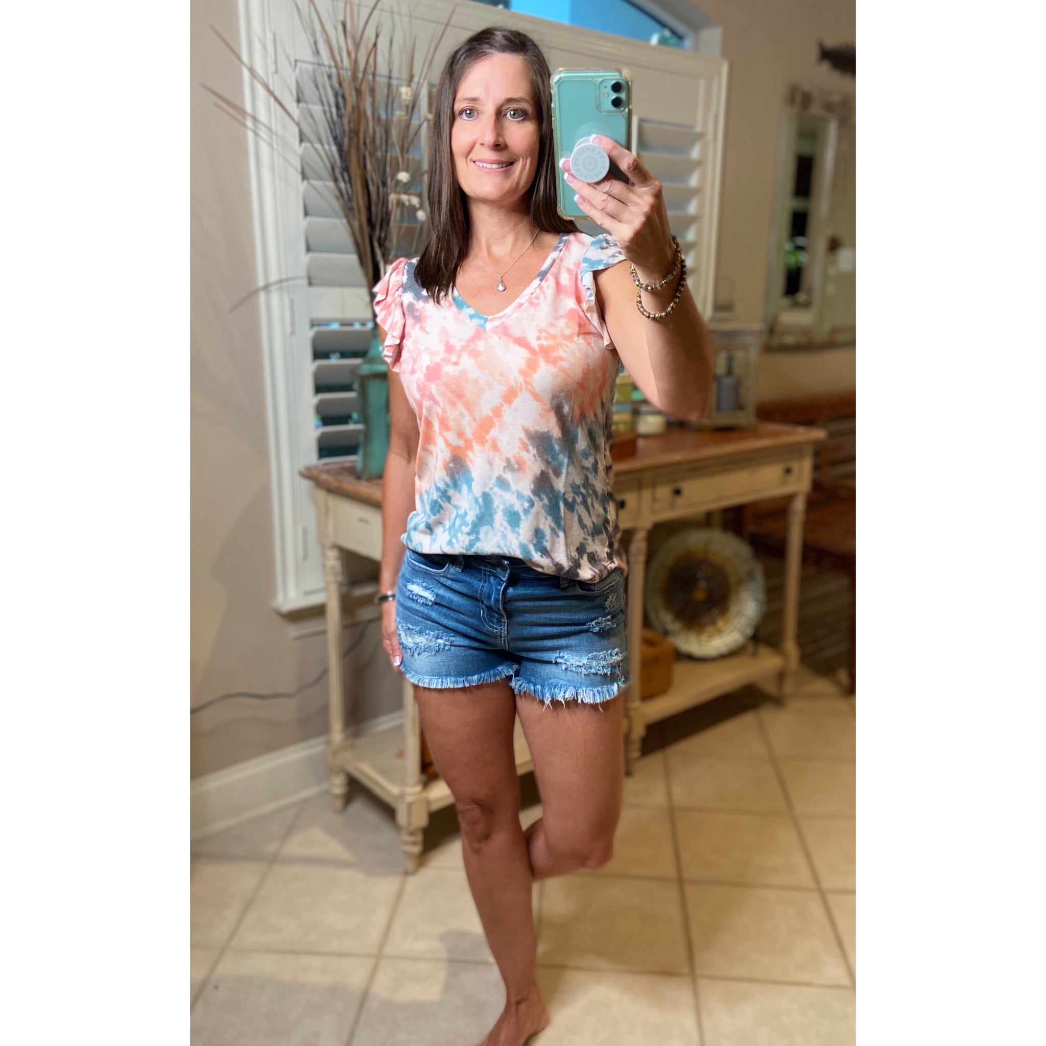 “Take Me Back” Tie Dye Short Flutter Sleeve Round Neck Bottom Top Coral Multi S/M/L/XL