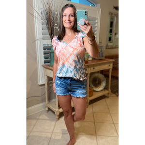 “Take Me Back” Tie Dye Short Flutter Sleeve Round Neck Bottom Top Coral Multi S/M/L/XL