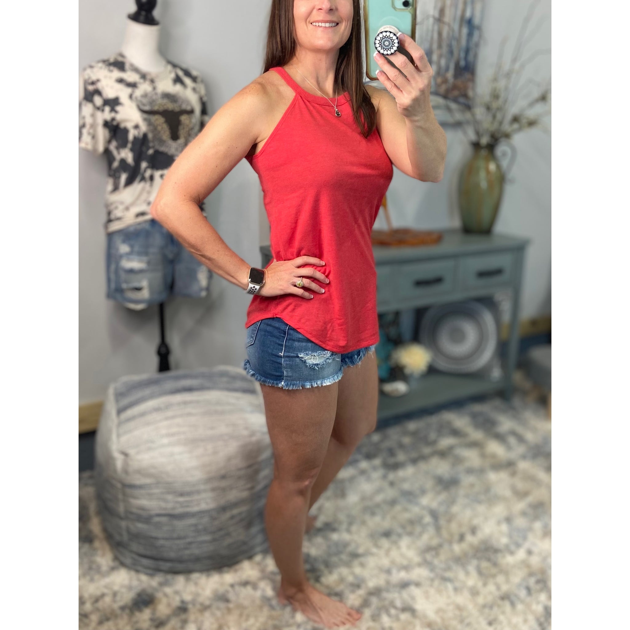Tri Rocker Racerback Scoop Neck Floaty Trendy Summer Tank Top Red