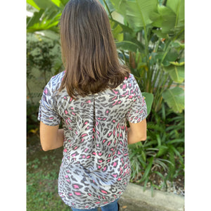 “She Is Fierce” Leopard V-Neck Collar Short Sleeve Tab Button Floaty Top Gray Pink