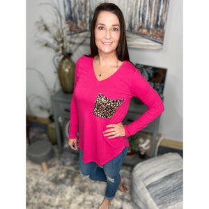 “Blind Faith“ V Neck Soft Jersey Knit Floaty Animal Print Leopard Pocket Long Sleeve Hot Pink