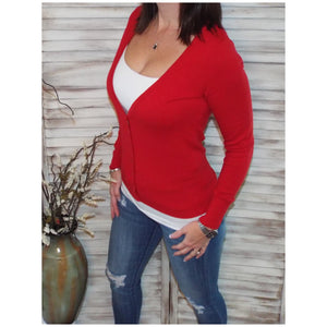 Sexy Preppy Cropped Cleavage Button Up Cardigan Long Sleeve Sweater Red