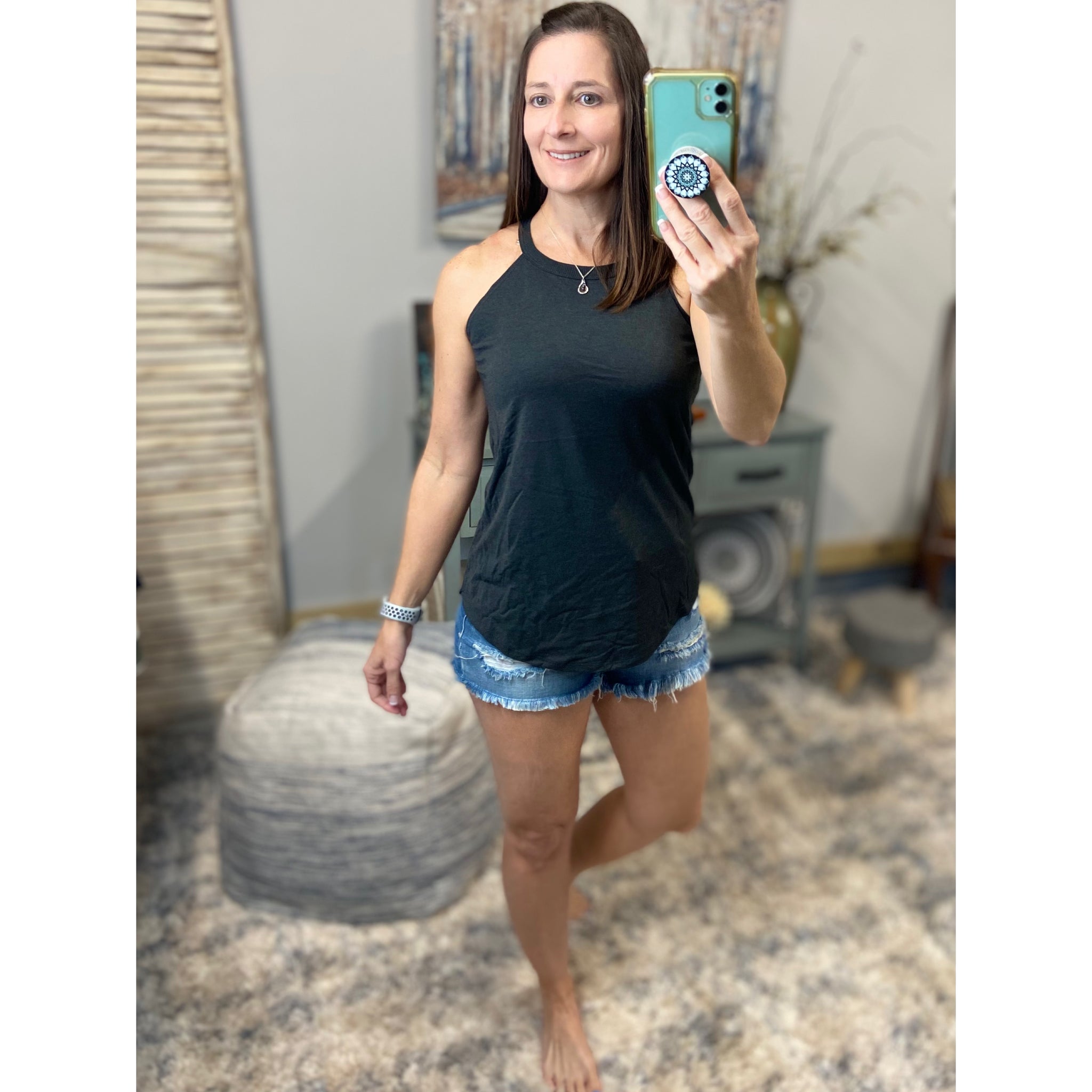 Tri Rocker Racerback Round Neck Floaty Trendy Tank Top Summer Charcoal Gray