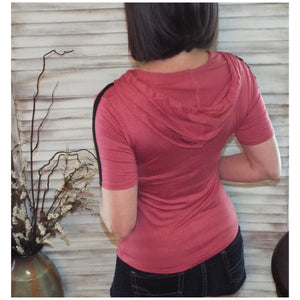 Sexy Sporty Crew Neck Striped Sleeve Drawstring Hoodie Pink Raspberry S/M/L