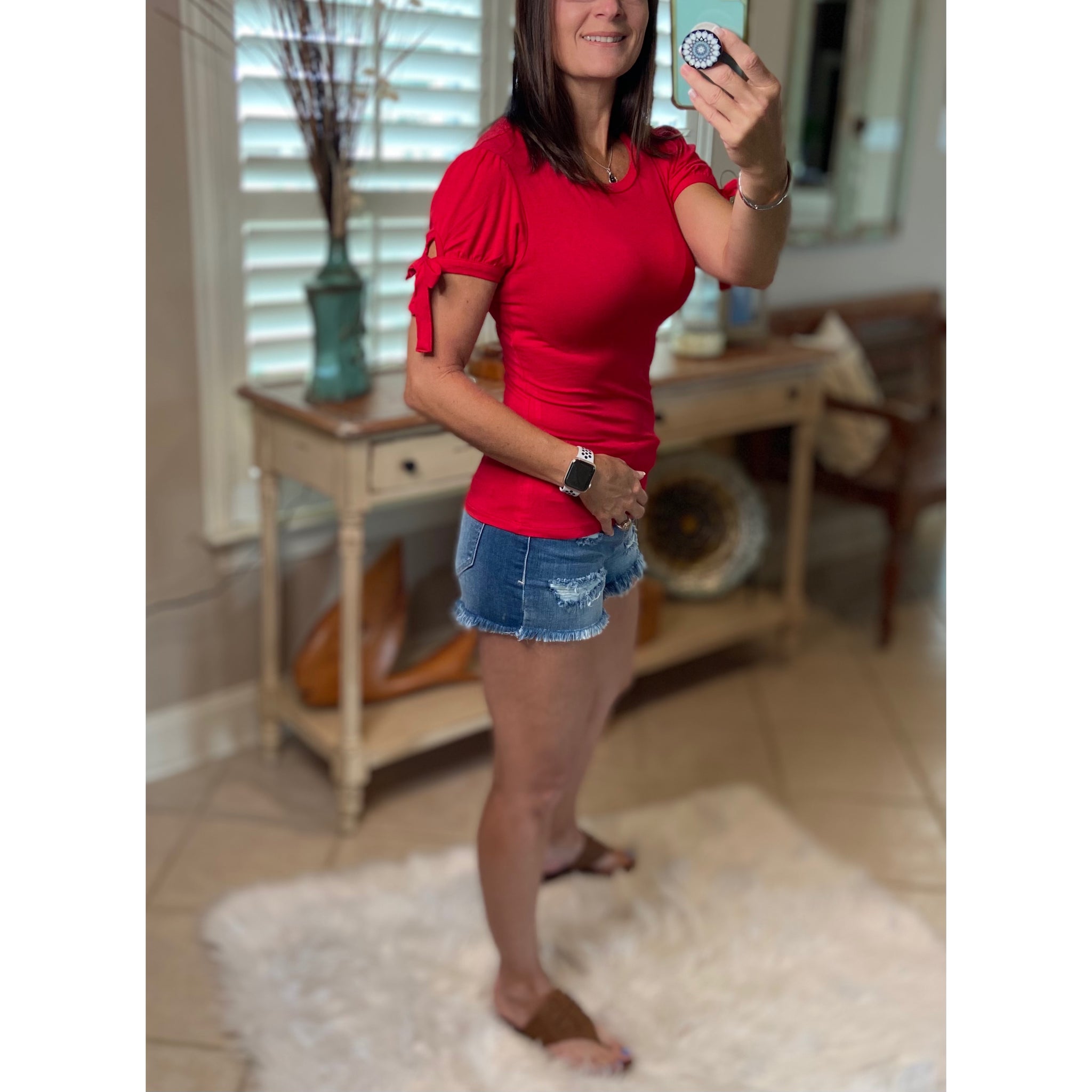 "Love On Top" Sexy Slimming Self Tie Keyhole Short Sleeve Round Neck Top Red S/M/L