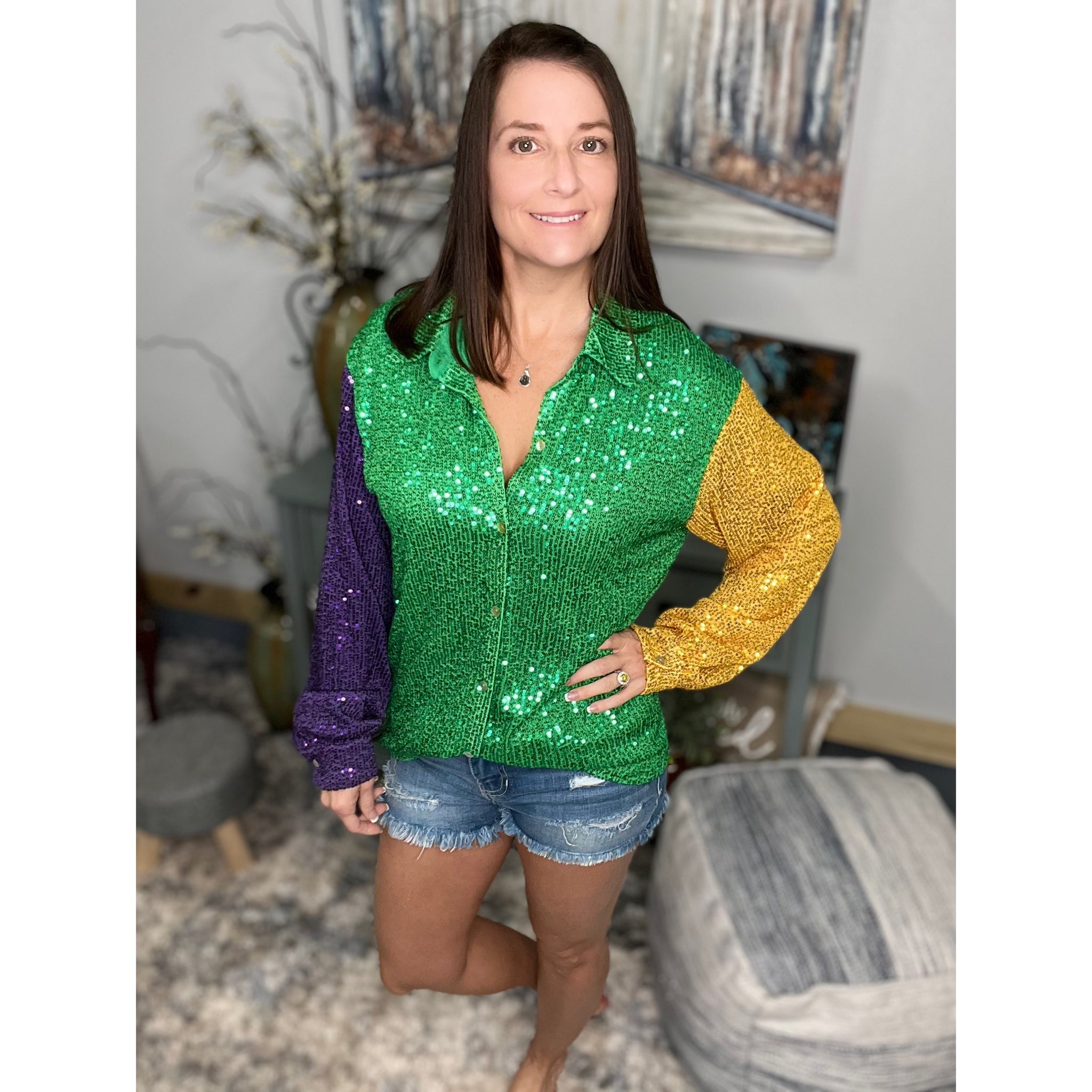 “The Krewe” Mardi Gras Sequined Color Block Balloon Sleeves Button Up Shacket Parade Purple Green & Gold