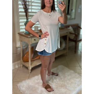 "I Gotta Feeling" Round Neck Floaty Tunic Short Sleeve Wood Button Detail Ivory S/M/L/XL