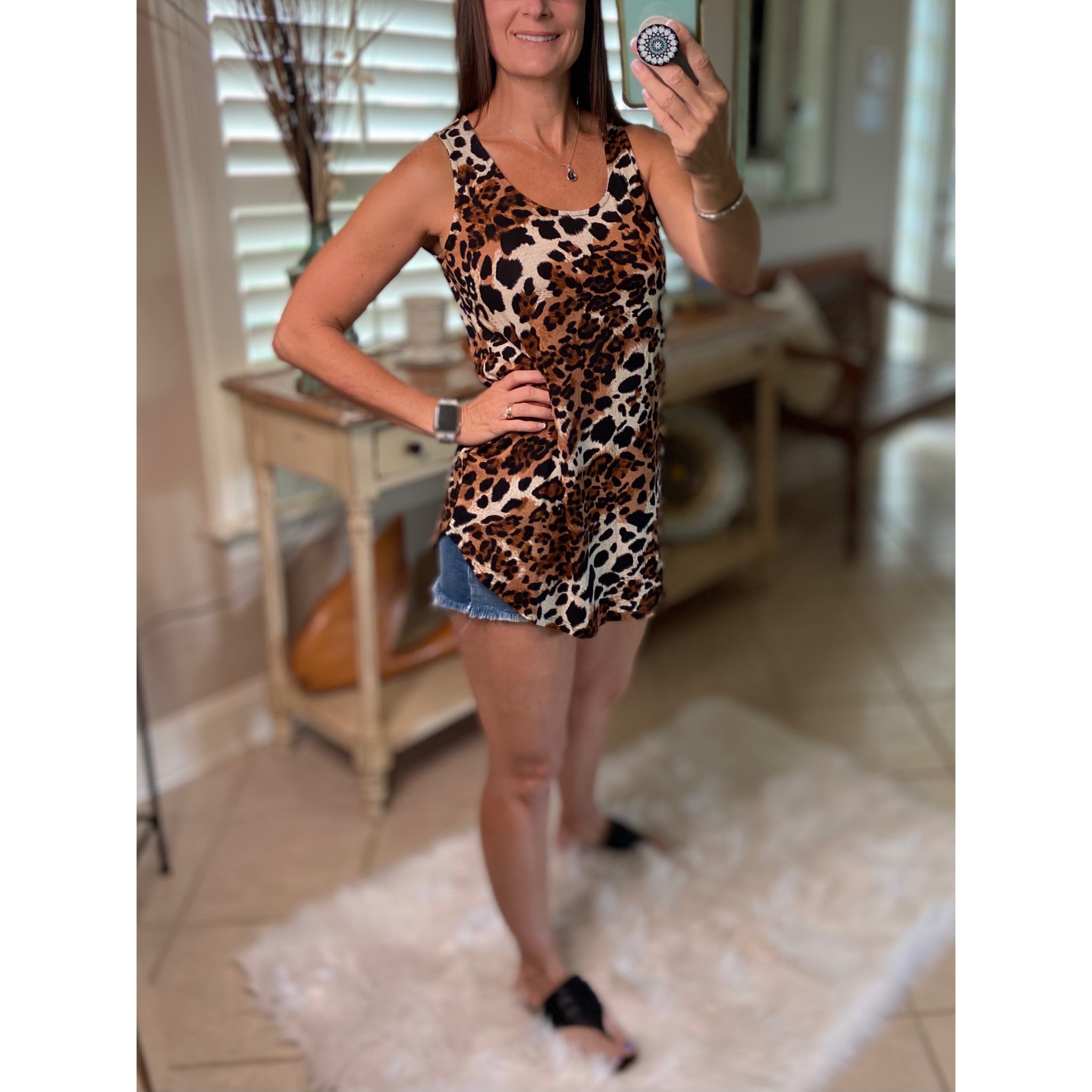 "Hot in Here" Very Sexy Leopard Scoop Neck Sleeveless Floaty Summer Tank Top Brown
