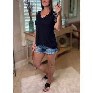 "All About The Lace" Lace Short Sleeve V-Neck Rounded Bottom Dressy Black S/M/L/XL