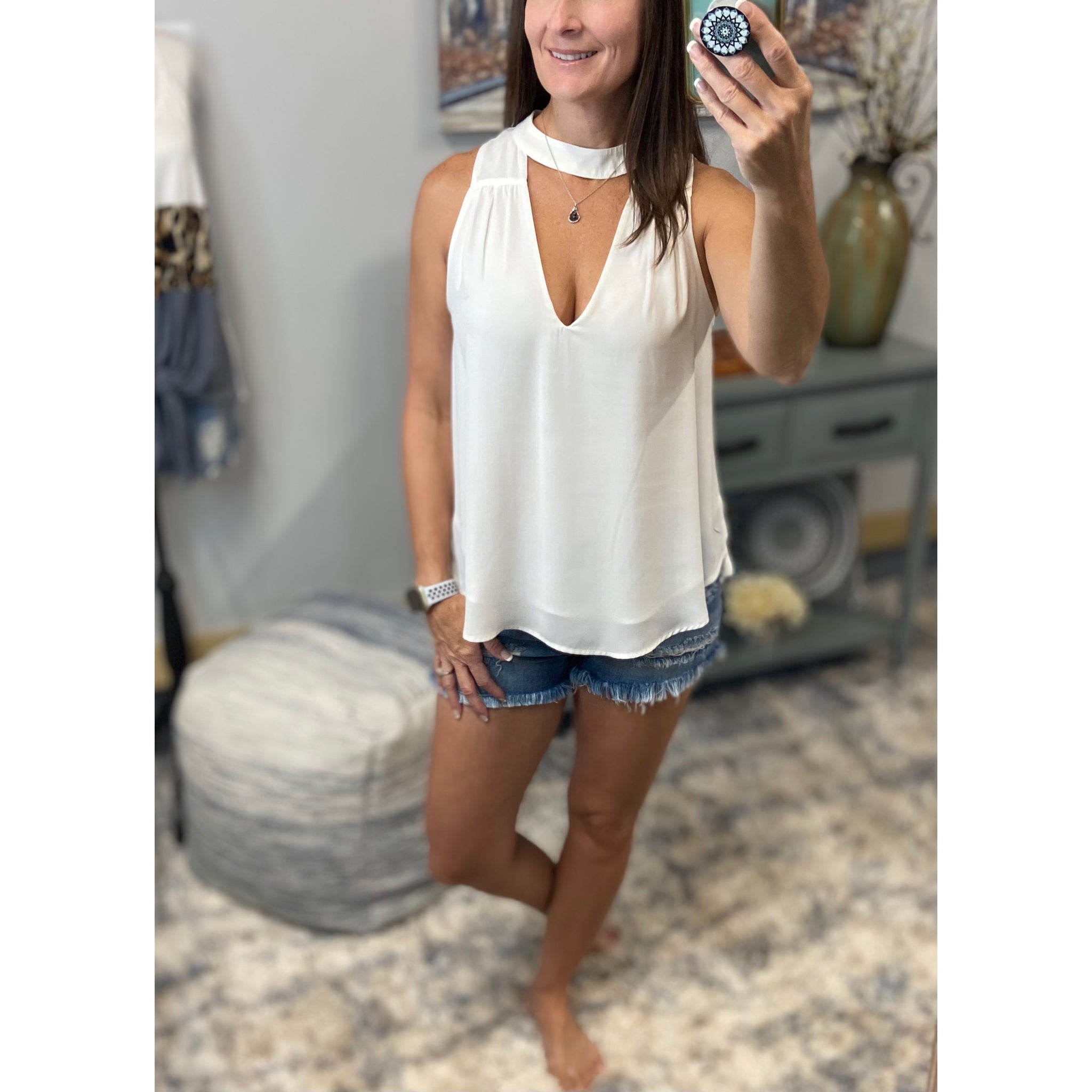 Very Sexy Low Cut Choker Sheer Floaty Empire Tank White S/M/L