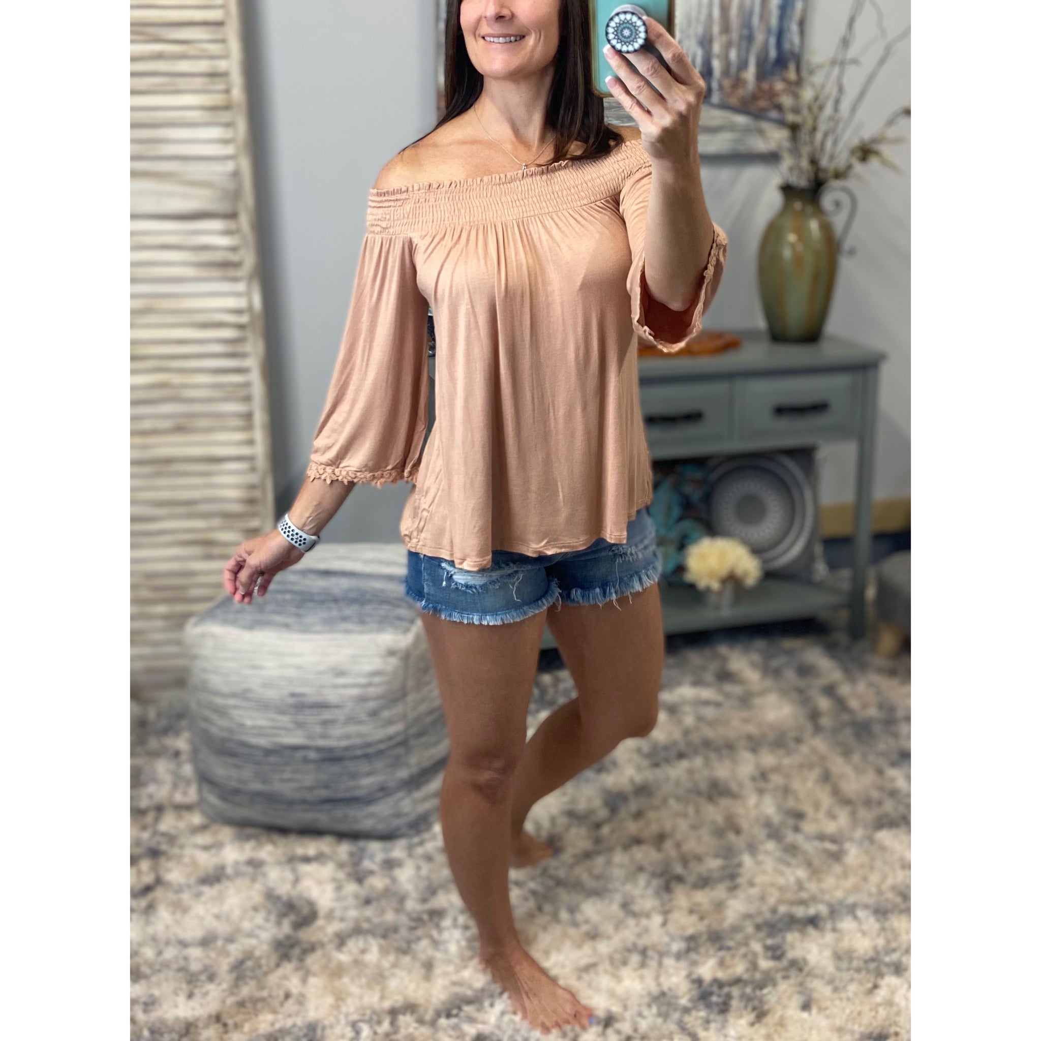 Smocked Off Shoulder Floaty 3/4 Sleeve Blouse Shirt Top Peach S/M/L