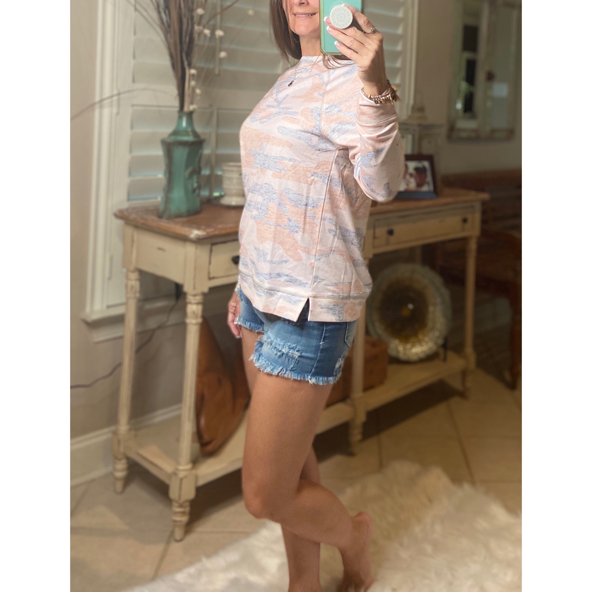 “I’m Lovin It” Camouflage Round Neck Banded Bottom Split Side Sweatshirt Pink