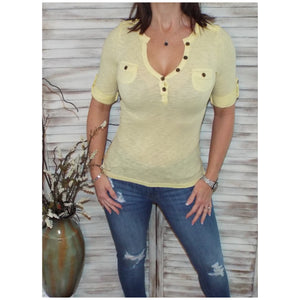 Sexy V Neck Plunge Cleavage Military Henley Pocket Cuff Sleeve Top Yellow S/M/L