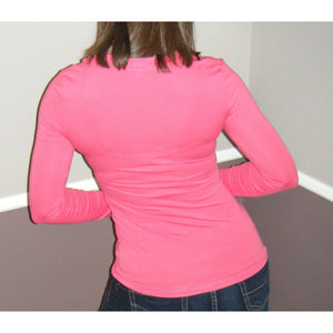 “Easygoing” Slimming Scoop Neck Low Cut L/S Tissue Basic Baby Shirt Top Pink S/M/L
