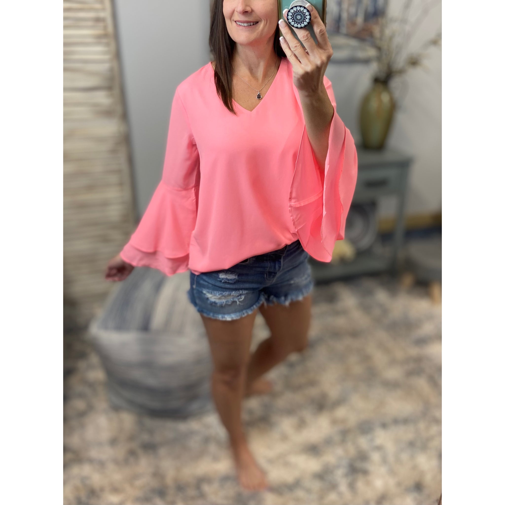 "Full of Surprises” V-Neck Flared Bell Layered Sleeve Dressy Top Neon Pink S/M/L/XL