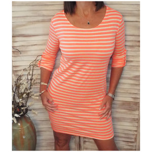 Sexy Boat Neck Striped Tab Sleeve Summer Tee Shirt Dress Neon Coral