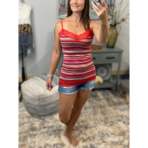 Striped Low Cut Cleavage Retro Lace Summer Tank Cami Top Tunic Red S/M/L