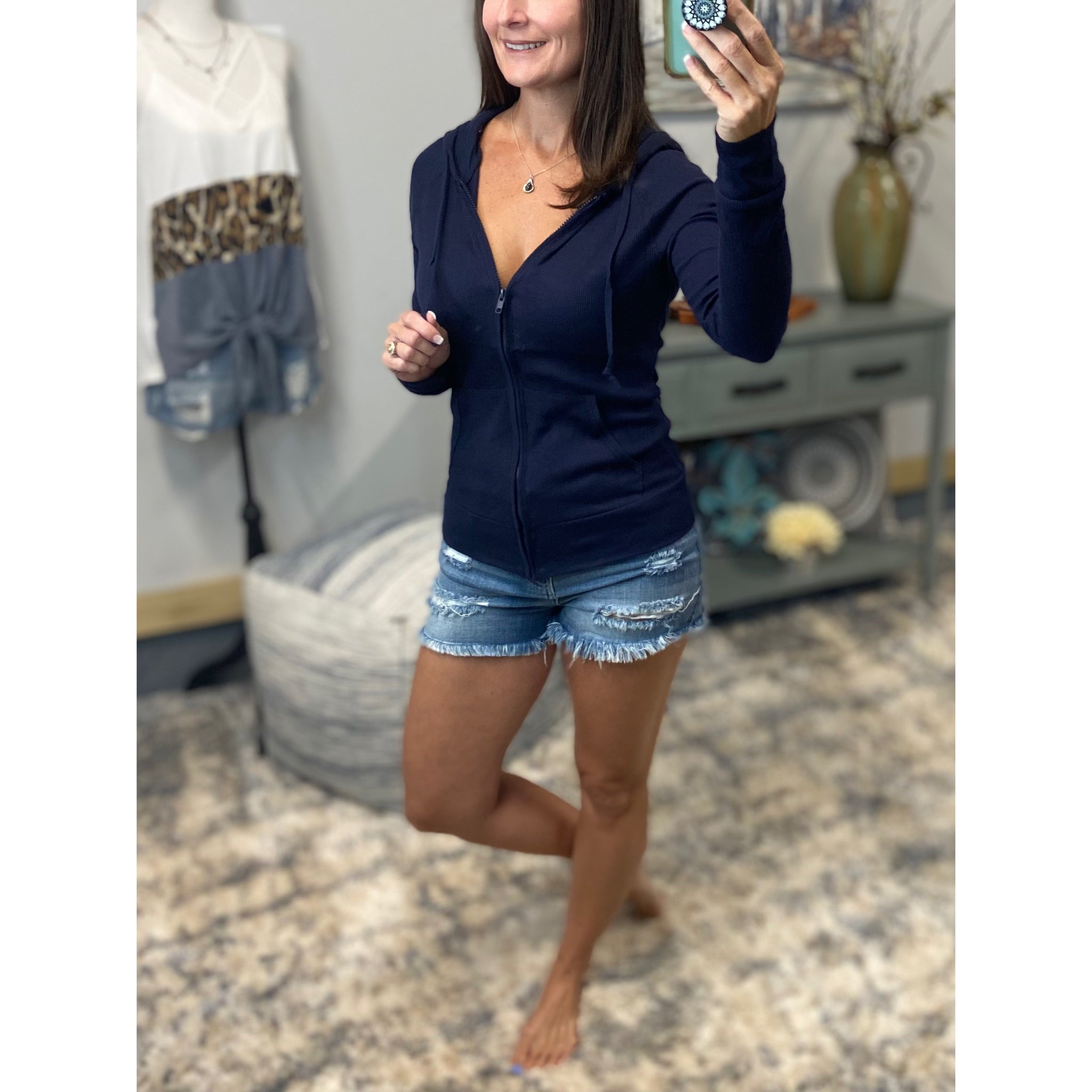 "Get Cozy" Zip Up Waffle Thermal Hoodie Light Jacket Sweater Yoga Navy PLUS