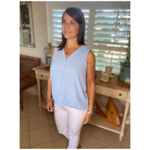 Very Sexy Pleated V Neck Sleeveless Floaty Woven Textured Tank Top Light Blue