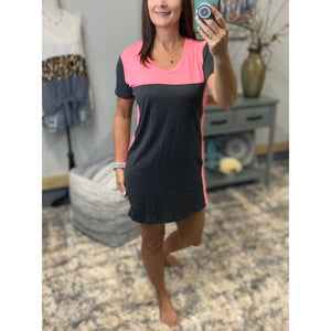 "You're The One" Scoop Neck Color Block Mini Summer Short Sleeve Tee Shirt Dress Gray Pink