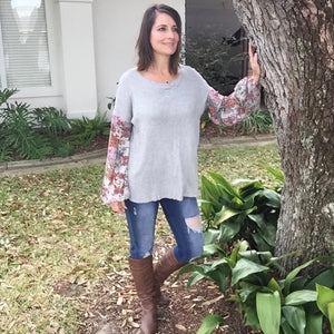 Woven Waffle Bishop Bubble Floral Contrast Long Sleeve Top Gray S/M/L