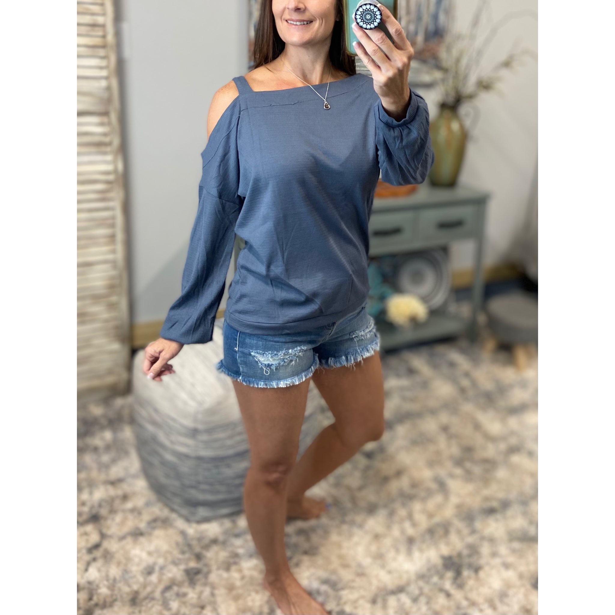 "Show Me The Way" One Cold Shoulder Cutout Waffle Asymmetrical Long Sleeve Top Blue
