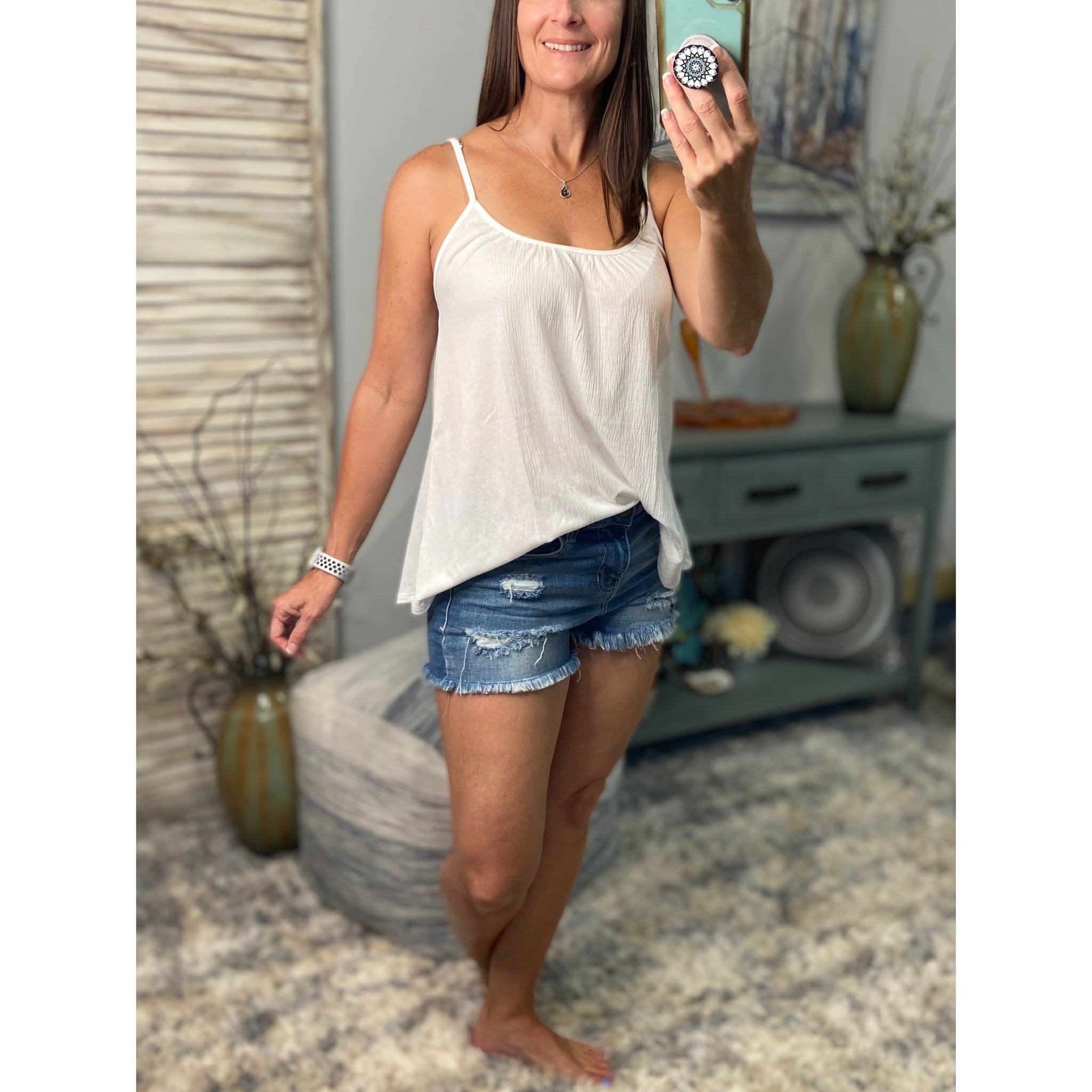 “Go With The Flow" Scoop Neck Spaghetti Strap Floaty Textured Sleeveless Summer Tank Top White