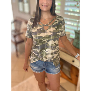 "March to a Different Drum" Distressed Camouflage Criss Cross Cutout Front Short Sleeve Green S/M/L