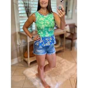 Floral Peplum V-Neck Sleeveless Ruched Babydoll Top Blue Green S/M/L